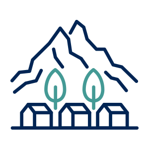 Stylized mountain landscape with two green trees and a row of blue-roofed houses at the base, suggesting a mountain village.
