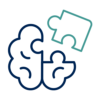 Blue line drawing of a brain formed by interconnected puzzle pieces, with one teal puzzle piece floating above.