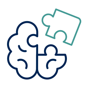 Blue line drawing of a brain formed by interconnected puzzle pieces, with one teal puzzle piece floating above.
