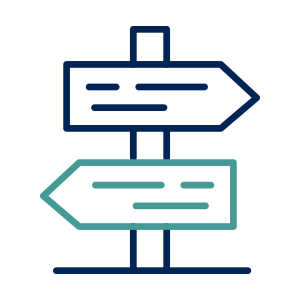 Two-directional street signs on a vertical pole, with a blue arrow above and a teal arrow below, mounted on a stand.