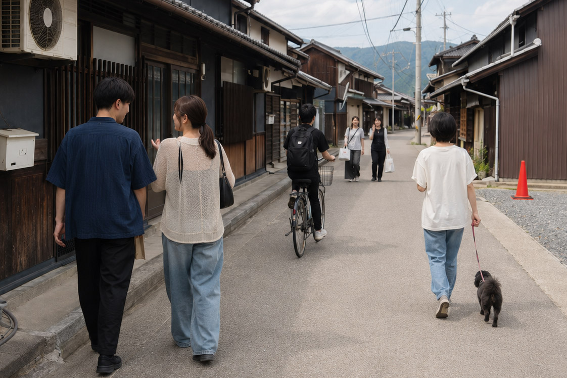 People stroll along a quaint street with wooden storefronts; a cyclist passes while a woman walks a small dog on a leash.