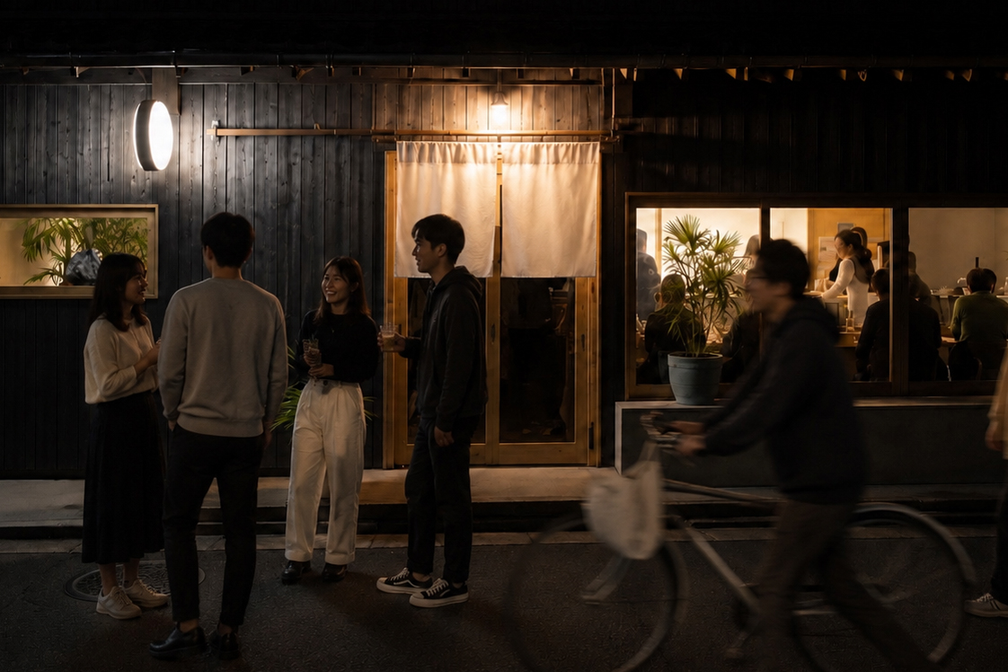 Four young adults stand on a dimly lit street outside a dark wooden restaurant, chatting by the doorway.
