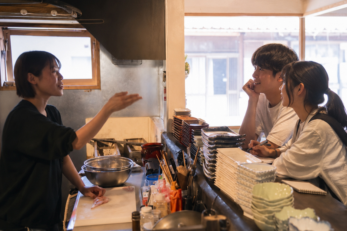Cook in a black shirt explains something to a smiling couple at a kitchen counter, with bowls and plates stacked nearby.