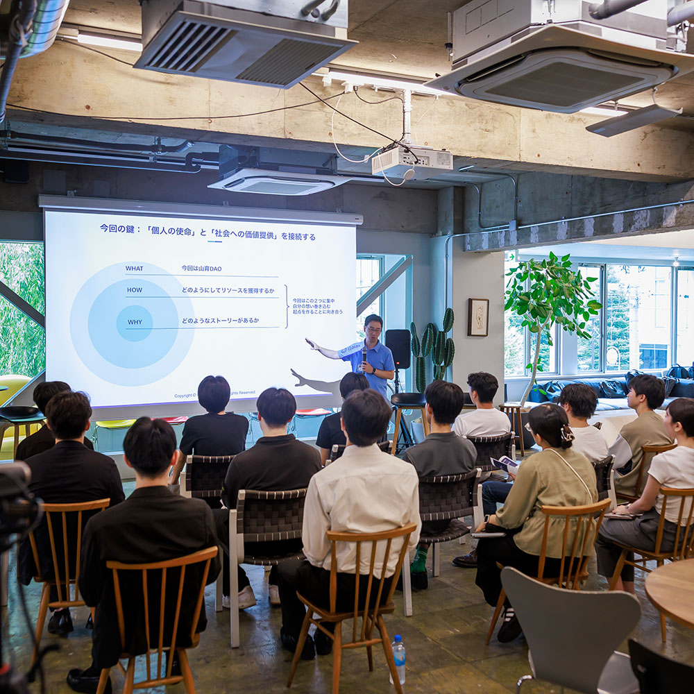 Presenter explains a slide with concentric WHAT/HOW/WHY circles to an audience in a bright, modern coworking space with a projection screen.
