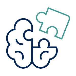 Illustration of a stylized brain formed by blue puzzle pieces with a teal puzzle piece floating nearby.