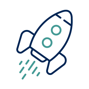Blue and teal rocket taking off with exhaust streaks, representing launch or start-up concept.