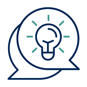 Two overlapping speech bubbles with a light bulb in the center, symbolizing ideas.