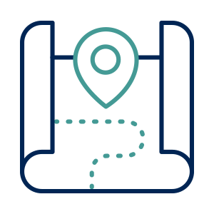 Rolled map icon with a teal location pin and a dotted route guiding the way.