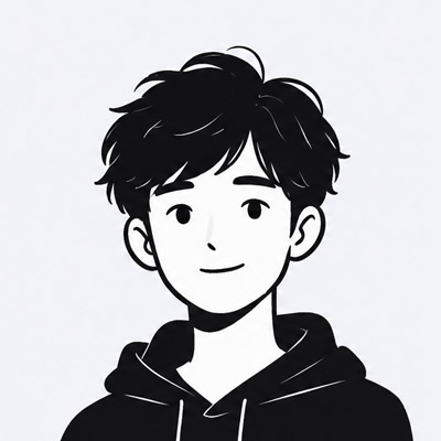 Cartoon illustration of a smiling young man with dark hair wearing a hoodie, facing forward.